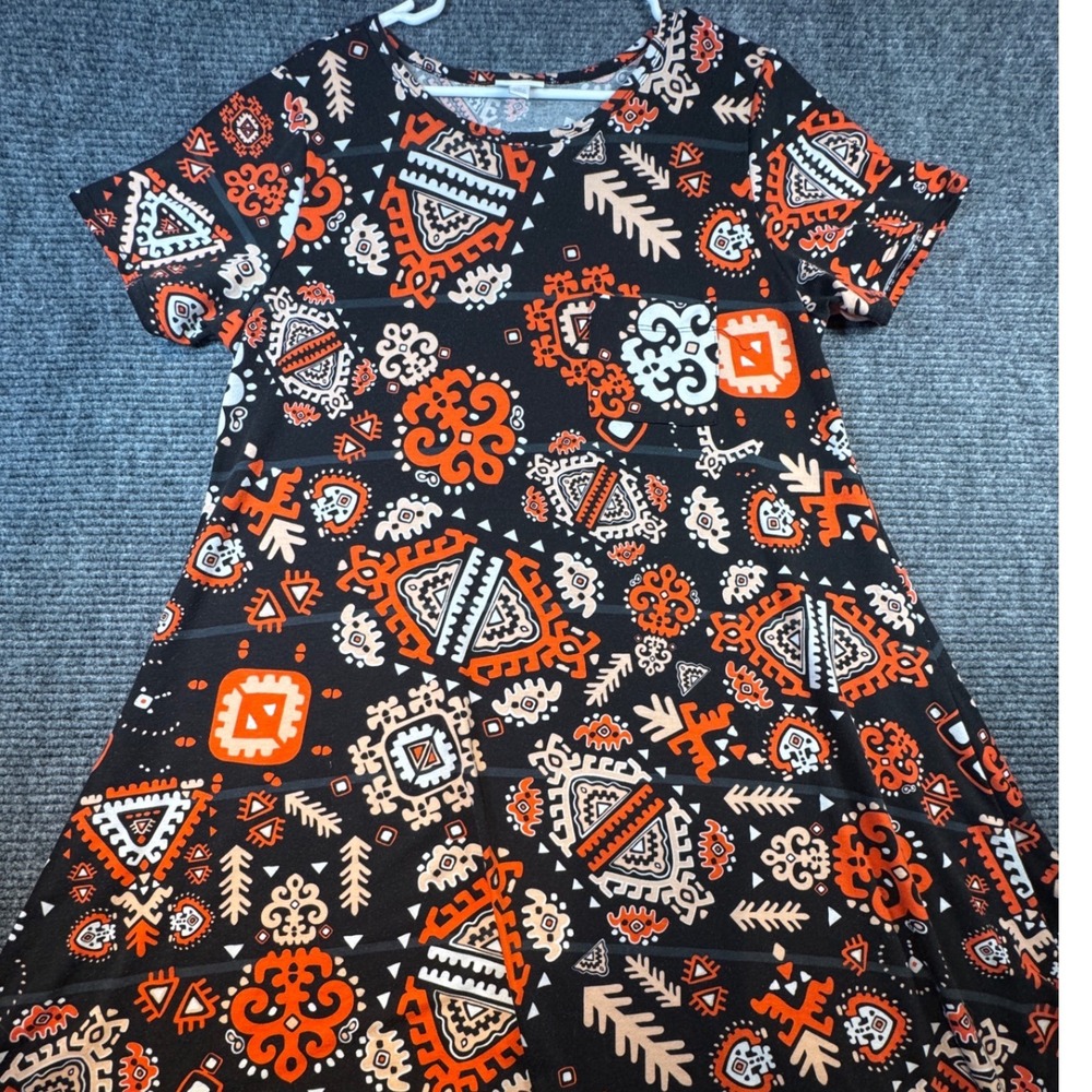 LuLaRoe‎ Classic T Dress Women Size L Black Orange Tribal Geometric Short Sleeve